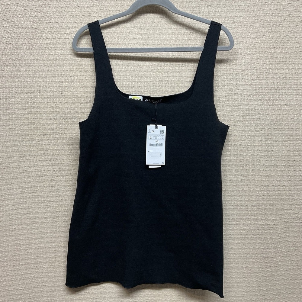 Zara Tank Top Women's Size Large Black Ribbed Fitted Casual Cami Basic